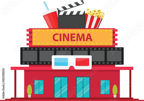 Cinema building in flat style, isolated on white background