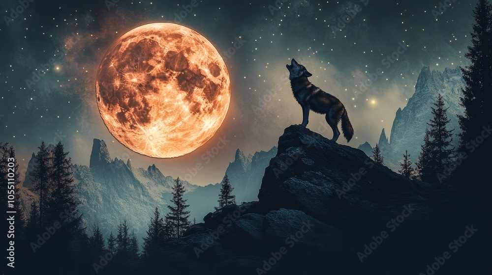 Lone wolf howling at a glowing full moon atop a rocky mountain, with shadowy figures of its pack hidden in the dark forest below. lone wolf, howling moon Lone wolf howling at a glowing full moon atop a rocky mountain, with shadowy figures of its pack hidden in the dark forest below. lone wolf, howling moon