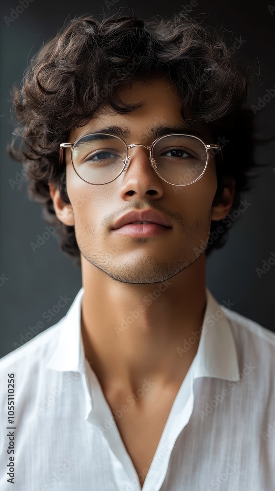 A young Hispanic man poses confidently in metallic glasses against a textured backdrop A young Hispanic man poses confidently in metallic glasses against a textured backdrop