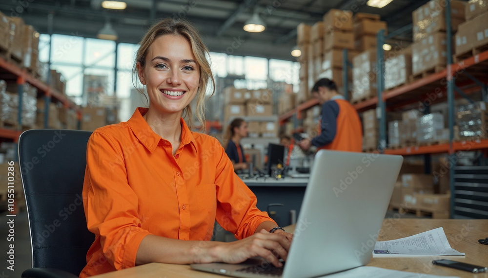 A confident woman in an orange uniform works on her laptop in a vibrant industrial warehouse.
A confident woman in an orange uniform works on her laptop in a vibrant industrial warehouse.