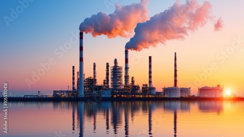 A picturesque industrial scene showing tall smokestacks releasing steam against a vibrant sunset, reflected in still waters.