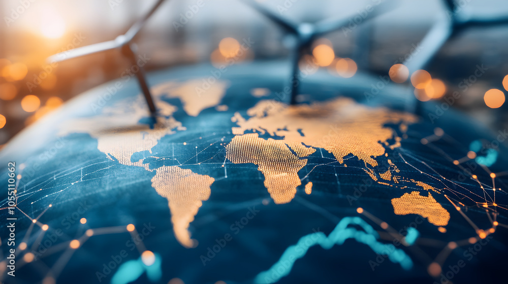 Close-up of a globe with wind turbines symbolizing global renewable energy. Close-up of a globe with wind turbines symbolizing global renewable energy.