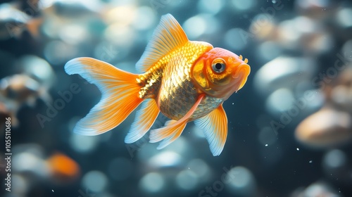 One goldfish, shining bright in a tank of silver fish, gliding confidently through the water as a symbol of self-expression and nonconformity. goldfish among silver fish