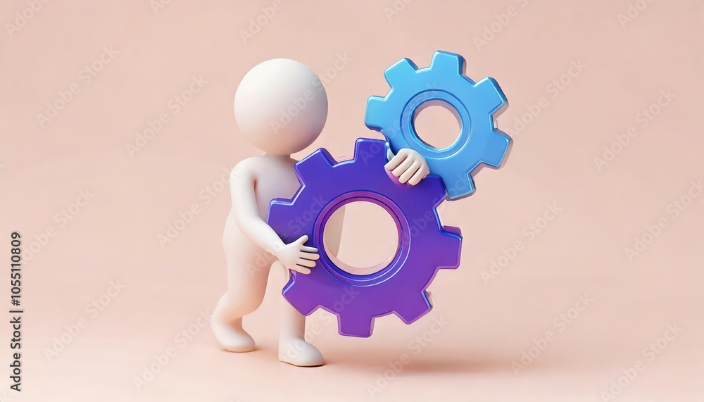 A 3D character holding two colorful gears, symbolizing teamwork and collaboration in industry or business settings, isolated on a soft pastel background. A 3D character holding two colorful gears, symbolizing teamwork and collaboration in industry or business settings, isolated on a soft pastel background.