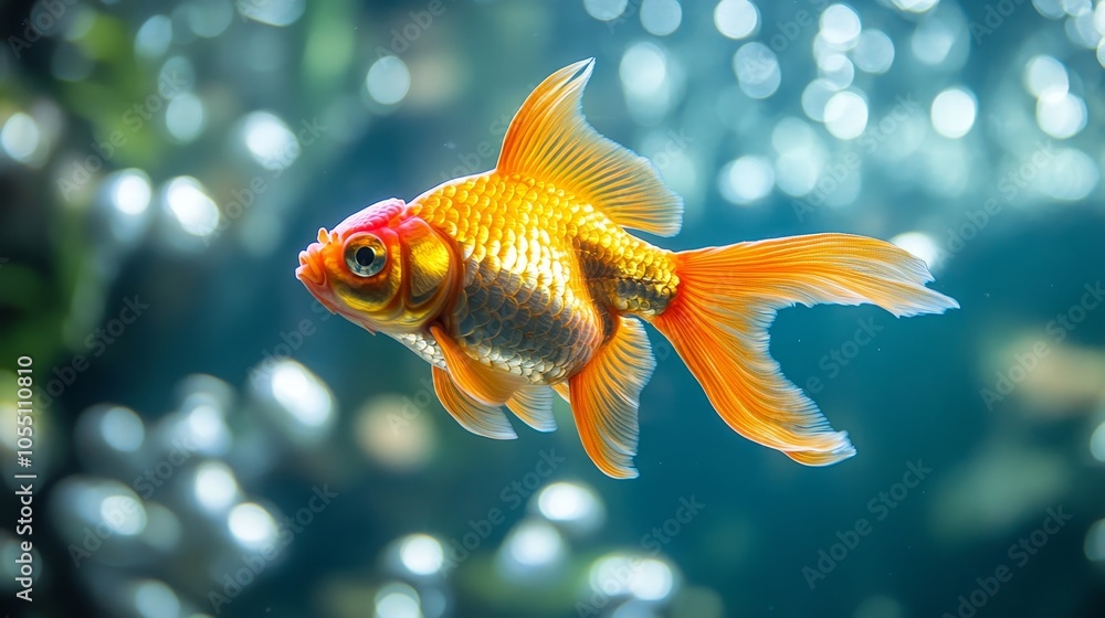 One goldfish, swimming boldly among countless silver fish, its radiant color a striking contrast in a sleek, minimalist aquarium One goldfish, swimming boldly among countless silver fish, its radiant color a striking contrast in a sleek, minimalist aquarium