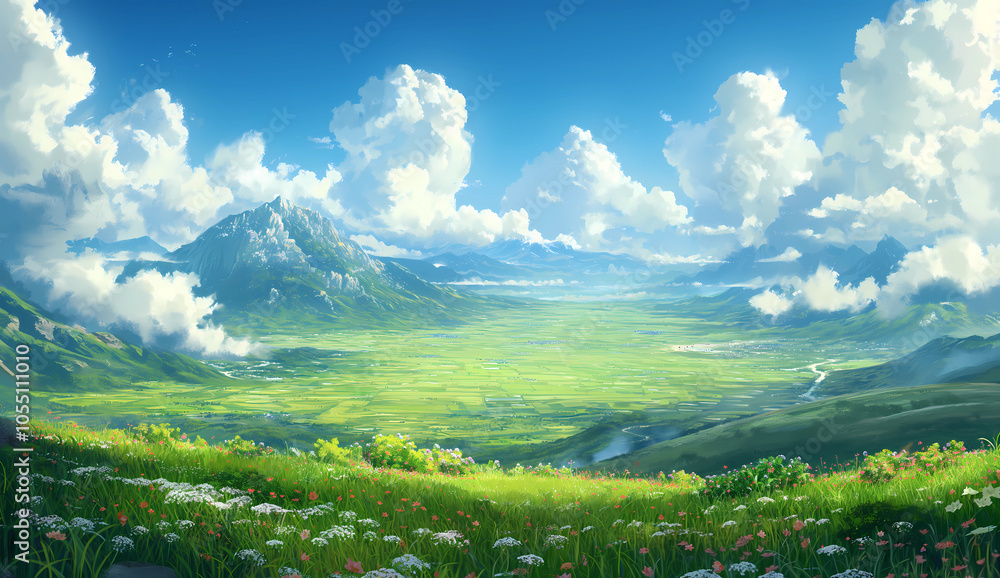Serene valley landscape with lush greenery and majestic mountains under a vibrant sky Serene valley landscape with lush greenery and majestic mountains under a vibrant sky