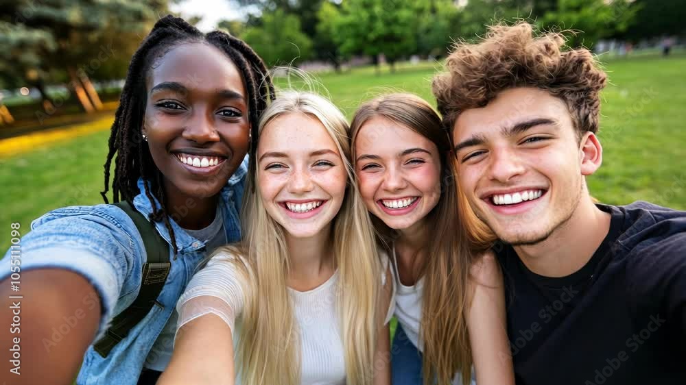 Four friends smile and take a selfie together in a park on a sunny day Four friends smile and take a selfie together in a park on a sunny day