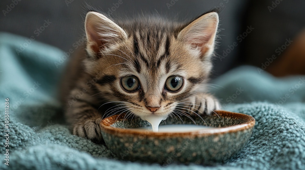 A playful kitten drinking milk from a small bowl. A playful kitten drinking milk from a small bowl.