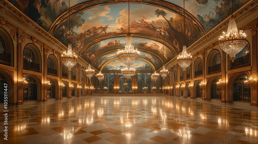 A grand ballroom with a high vaulted ceiling decorated with a fresco, ornate chandeliers, and polished marble floors. A grand ballroom with a high vaulted ceiling decorated with a fresco, ornate chandeliers, and polished marble floors.