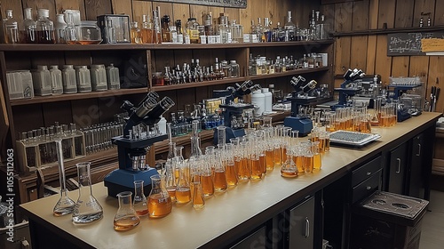 A laboratory setting with multiple microscopes and beakers filled with a yellow liquid. The lab is wood-paneled with shelves filled with bottles.