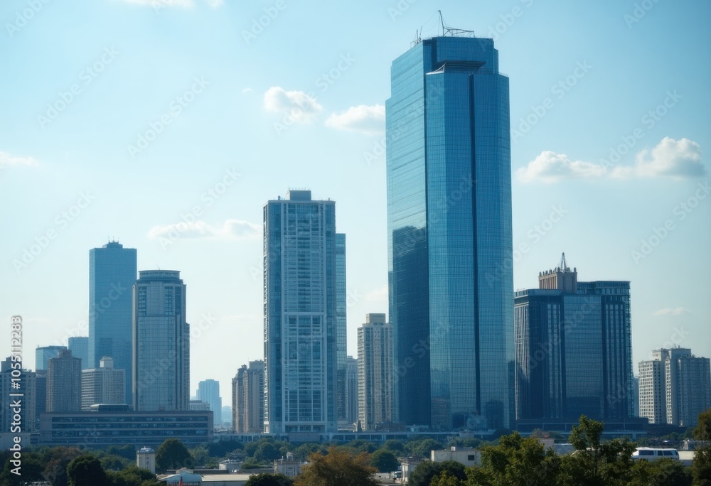 Corporate headquarters building in a city skyline Corporate headquarters building in a city skyline