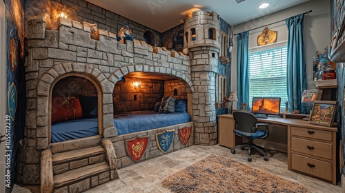 A child's bedroom decorated as a medieval castle with a bunk bed, a desk, and a window.