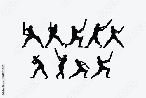 Collection of male cricket player silhouettes. It's great for logos, t-shirts, stickers, etc.