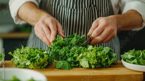 Closeup of Hands of Couple Chopping and Preparing Leafy Greens and Fresh Vegetables to Make Nutrient Packed Salad in Home Kitchen with Blurred Background