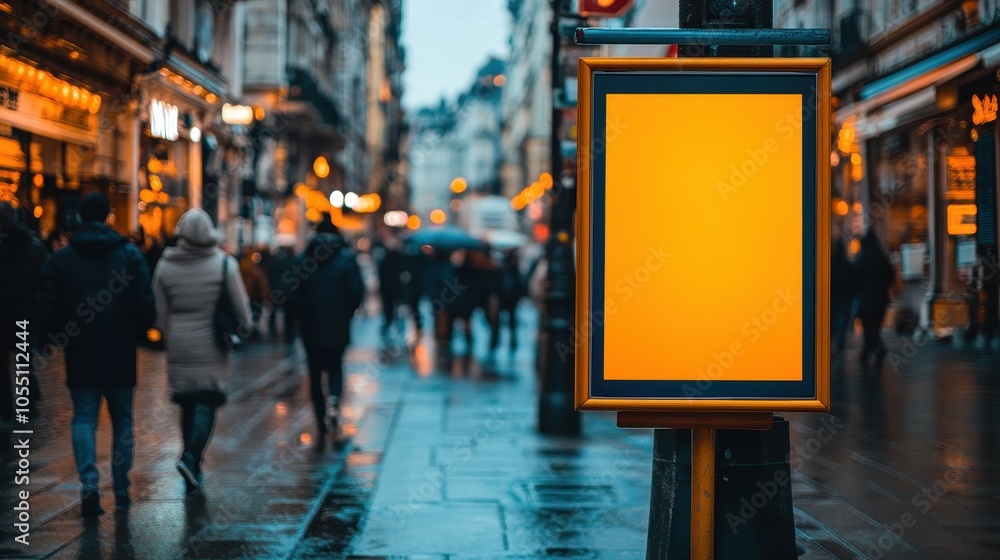 A colorful banner mockup stands on a sidewalk among busy pedestrians and shops at dusk A colorful banner mockup stands on a sidewalk among busy pedestrians and shops at dusk