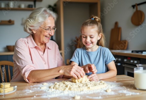 Grandmother teaching her granddaughter to bake cookies