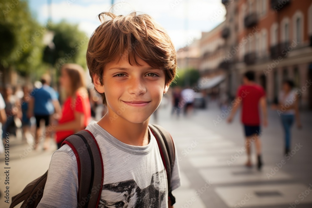 A young boy with a backpack is smiling for the camera A young boy with a backpack is smiling for the camera