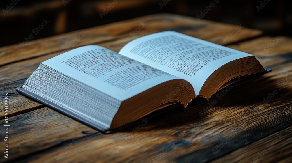An open book resting on a wooden table, showcasing its pages.