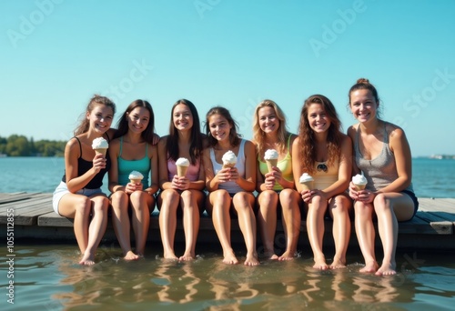 Teenagers sitting on a dock, dipping their feet in the water