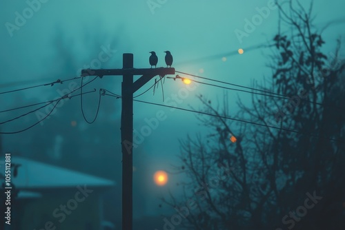 Birds Perched on High-Voltage Overhead Power Transmission Lines