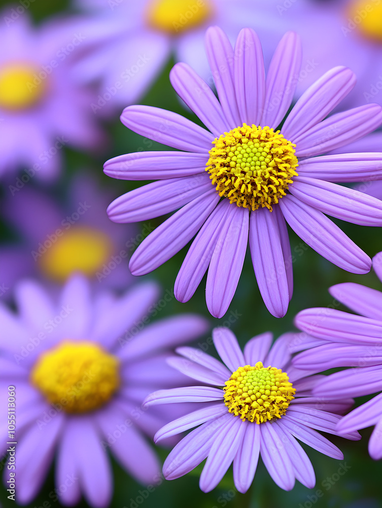 Close-up of vibrant purple daisies with yellow centers, soft focus background. Close-up of vibrant purple daisies with yellow centers, soft focus background.