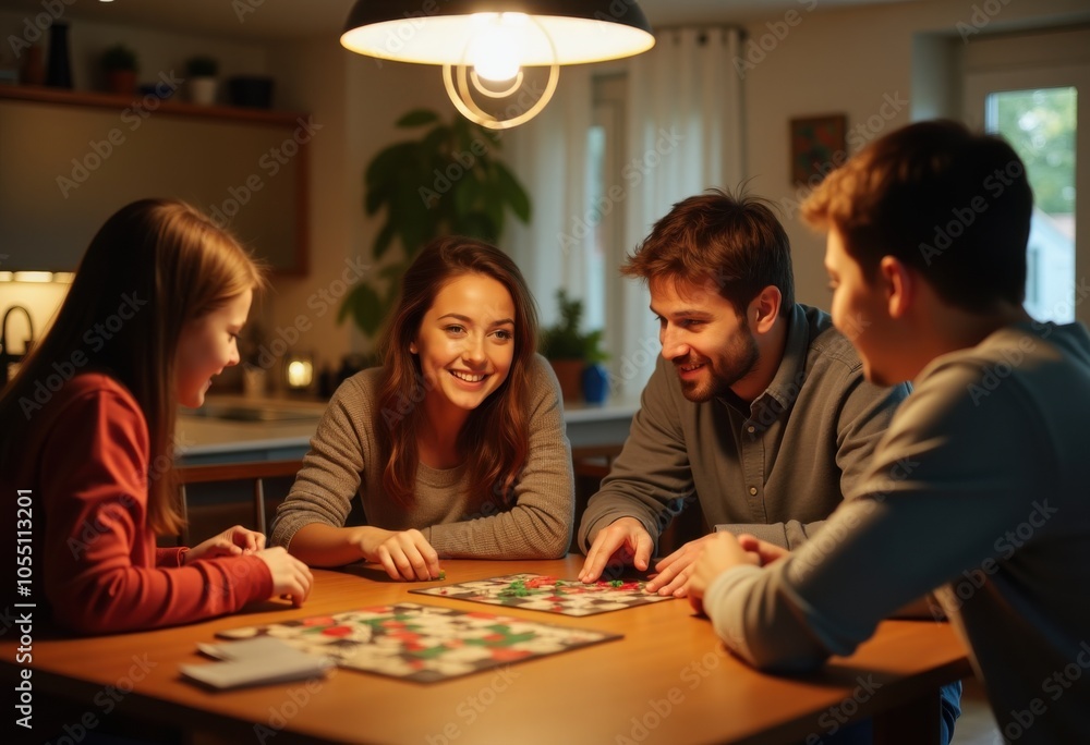 Fototapeta premium Family of four playing board games around the dining table