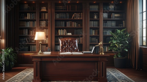 A classic wooden desk with a leather chair in a library setting.