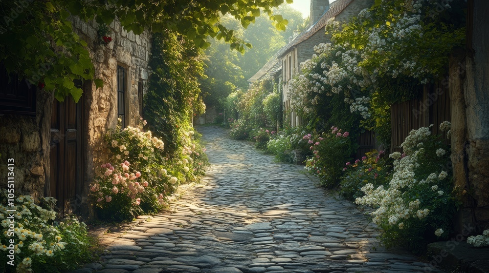 A cobblestone street lined with old stone houses and blooming flowers in a quaint village. A cobblestone street lined with old stone houses and blooming flowers in a quaint village.