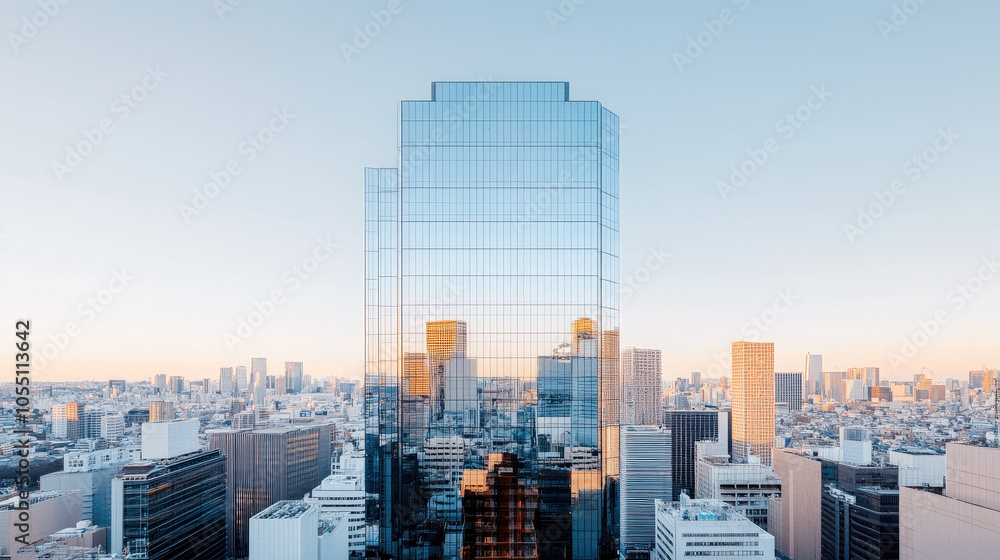 Ultra-modern Tokyo skyscraper with mirrored glass, reflecting the bustling city streets below Ultra-modern Tokyo skyscraper with mirrored glass, reflecting the bustling city streets below