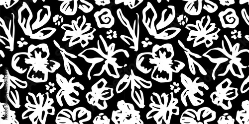 Ink Brush Black Flower Pattern. Abstract Paint Floral Illustration. Pictorial Bold Botanical Summer Background. Wild Cute Flower Wallpaper. Vector Vintage Floral Print. Daisy, Chamomile Silhouette