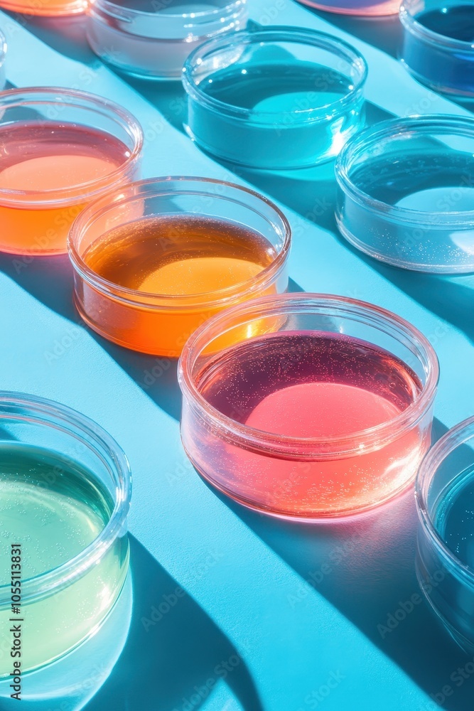 Vibrant Petri Dishes with Colorful Liquids on Blue Background in Sunlight for Science and Art Concepts Vibrant Petri Dishes with Colorful Liquids on Blue Background in Sunlight for Science and Art Concepts