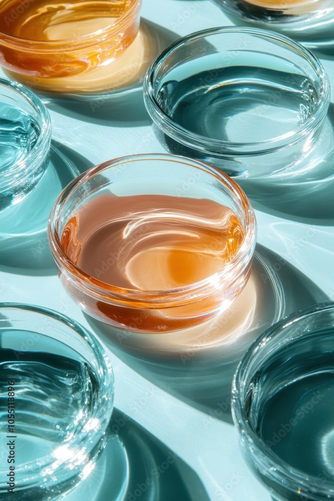 Colorful Glass Bowls Casting Shadows on a Light Blue Surface in Bright Sunlight