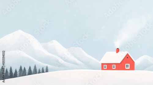 A cozy winter cottage nestled amidst snow-kissed mountains, a serene winter landscape