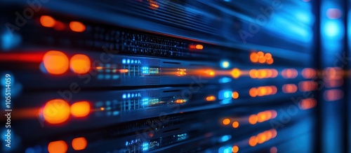 Close-up of Modern Data Center Server Racks with Glowing LED Lights in a High-Tech Environment