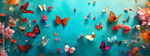 Colorful butterflies and flowers on a turquoise background.