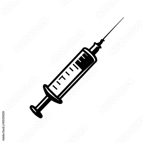 Detailed Syringe Illustration, Black and White, Medical Injection