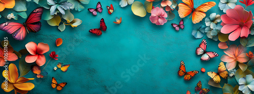 Colorful butterflies and flowers on turquoise background.