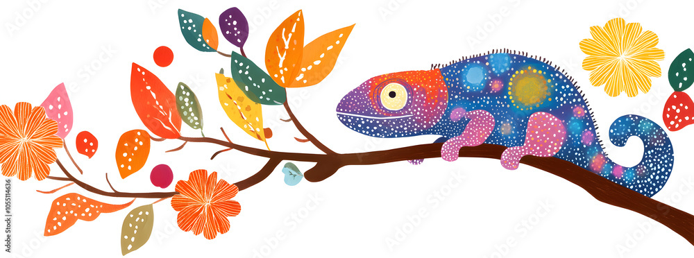 Obraz premium Colorful chameleon sitting on a branch with flowers and leaves.