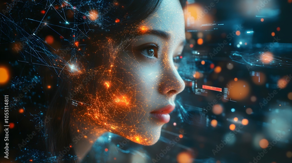 Futuristic digital art of a woman with a neural network brain, glowing data streams connect her thoughts, surrounded by holographic interface in deep space Futuristic digital art of a woman with a neural network brain, glowing data streams connect her thoughts, surrounded by holographic interface in deep space