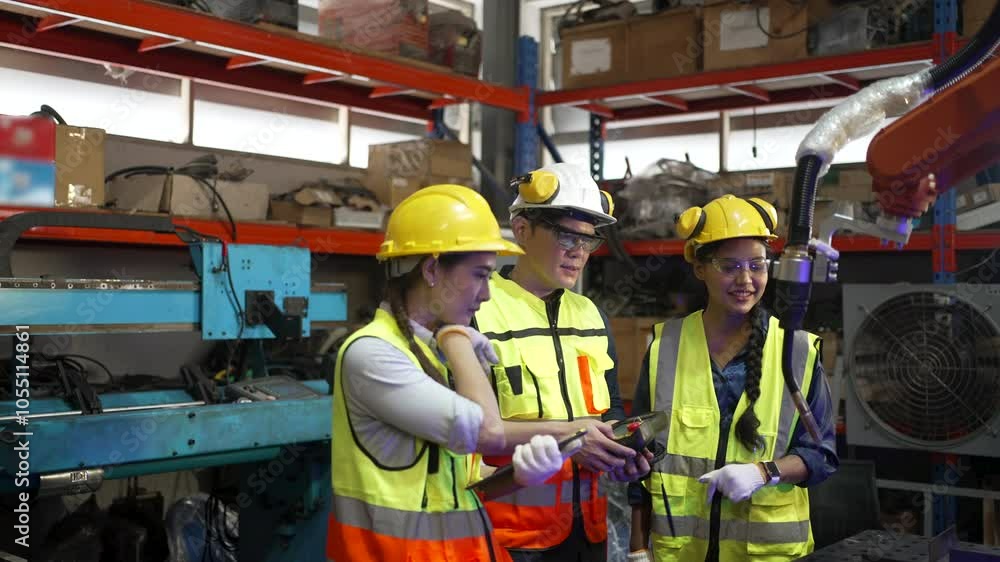 Blue collar workers work with automatic welding torch robot arm. Industrial, technology. Blue collar workers work with automatic welding torch robot arm. Industrial, technology.