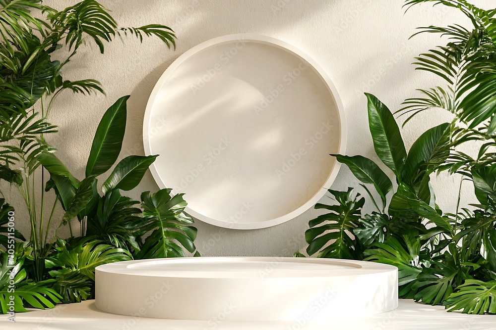 3D render podium, showcase on light white background with shadows in green tropical leaves of plants. Abstract natural,organic background for advertising products, spa body care, relaxation, health. 3D render podium, showcase on light white background with shadows in green tropical leaves of plants. Abstract natural,organic background for advertising products, spa body care, relaxation, health.