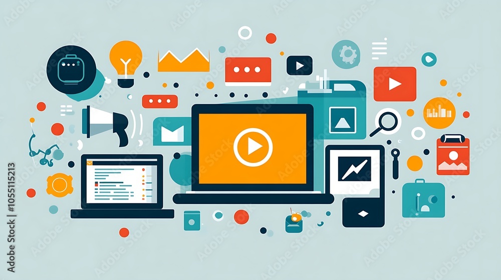 Modern internet education setup with virtual icons surrounding laptop Modern internet education setup with virtual icons surrounding laptop