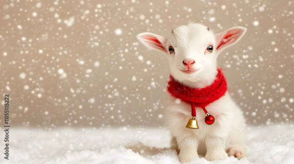 An adorable lamb wearing a red scarf with a bell sits in a snowy setting, surrounded by soft falling snowflakes. An adorable lamb wearing a red scarf with a bell sits in a snowy setting, surrounded by soft falling snowflakes.