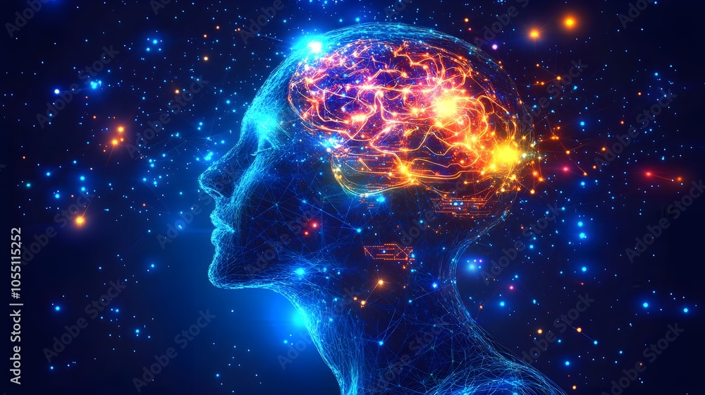 Futuristic human profile in silhouette, brain circuits glowing with data streams, abstract connections reflecting the fusion of mind and technology Futuristic human profile in silhouette, brain circuits glowing with data streams, abstract connections reflecting the fusion of mind and technology