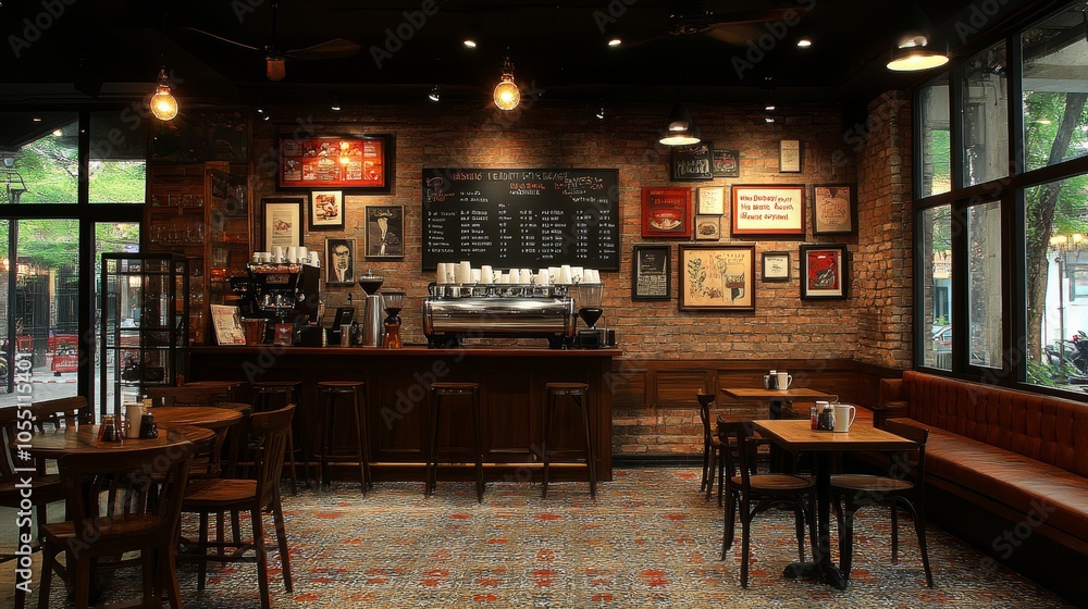 A cozy cafe interior with brick walls, wooden furniture, and a tiled floor. The counter is equipped with a professional coffee machine and there are framed pictures on the wall. A cozy cafe interior with brick walls, wooden furniture, and a tiled floor. The counter is equipped with a professional coffee machine and there are framed pictures on the wall.
