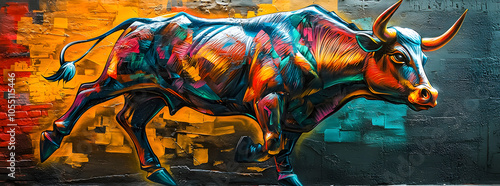 Colorful graffiti mural of a charging bull on a brick wall.