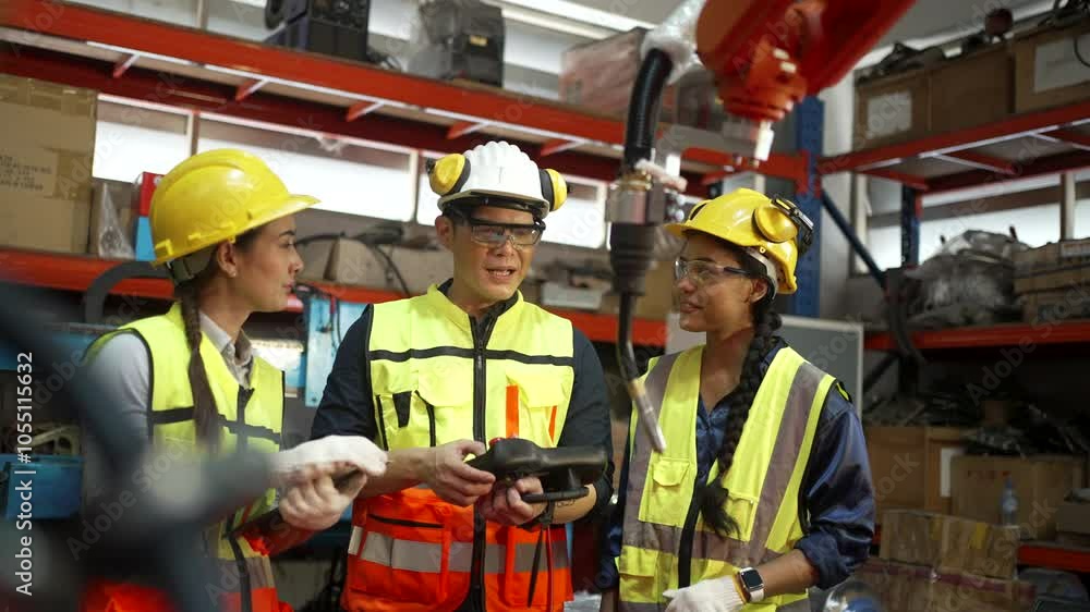 Blue collar workers work with automatic welding torch robot arm. Industrial, technology. Blue collar workers work with automatic welding torch robot arm. Industrial, technology.