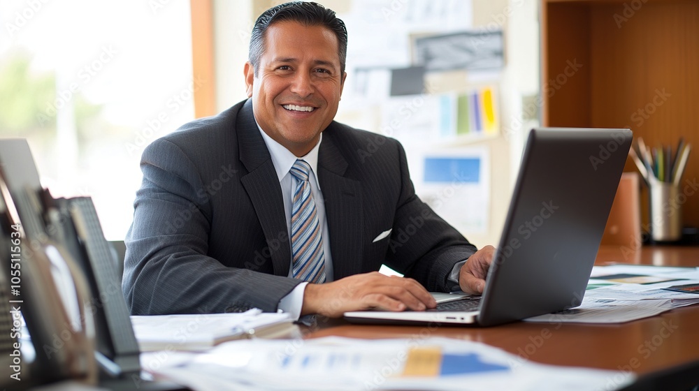 Professional Man Working on Laptop in Busy Office Professional Man Working on Laptop in Busy Office