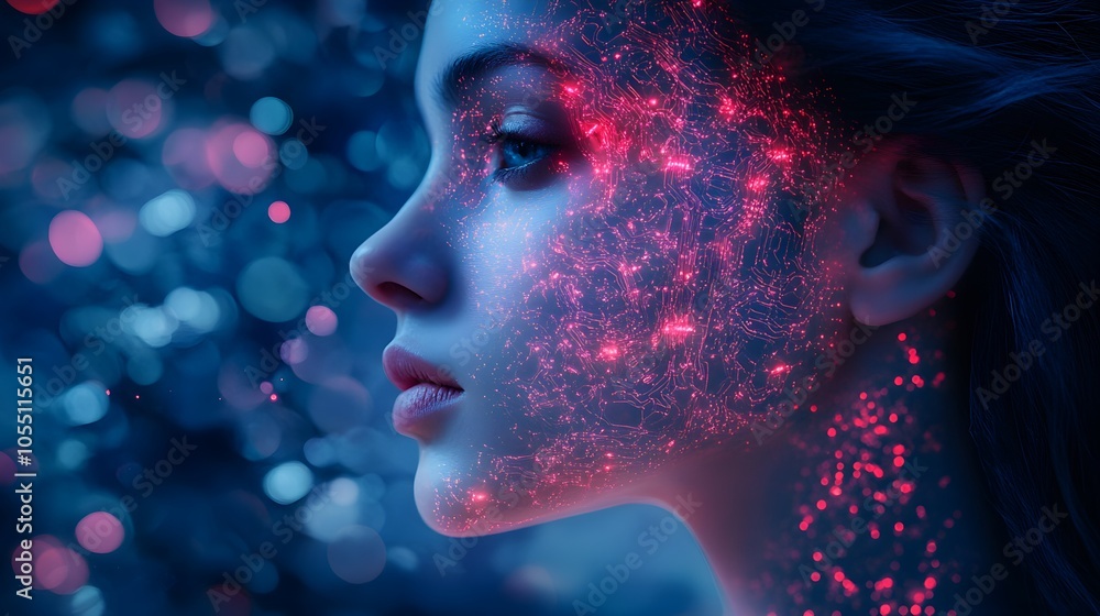 Futuristic portrait of a woman with a digital brain made of glowing circuits and holographic patterns, symbolizing tech integration with consciousness, Pop Art, Neon Accents Futuristic portrait of a woman with a digital brain made of glowing circuits and holographic patterns, symbolizing tech integration with consciousness, Pop Art, Neon Accents