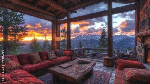 A cozy living room with a stunning view of a mountain range at sunset. The room features a large sofa, a coffee table, a fireplace, and a large window overlooking the mountains.